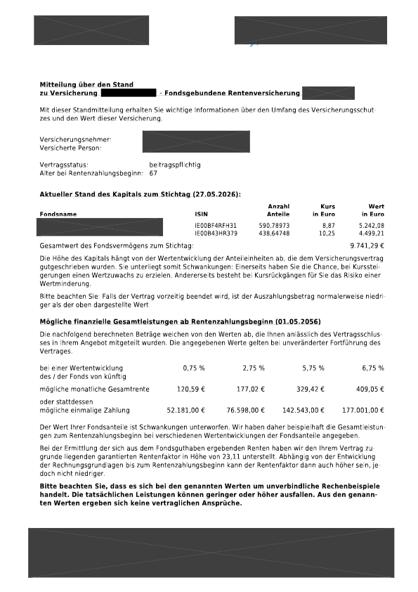 Anonymisierter Vertragsauszug – Standmitteilung Altersvorsorge