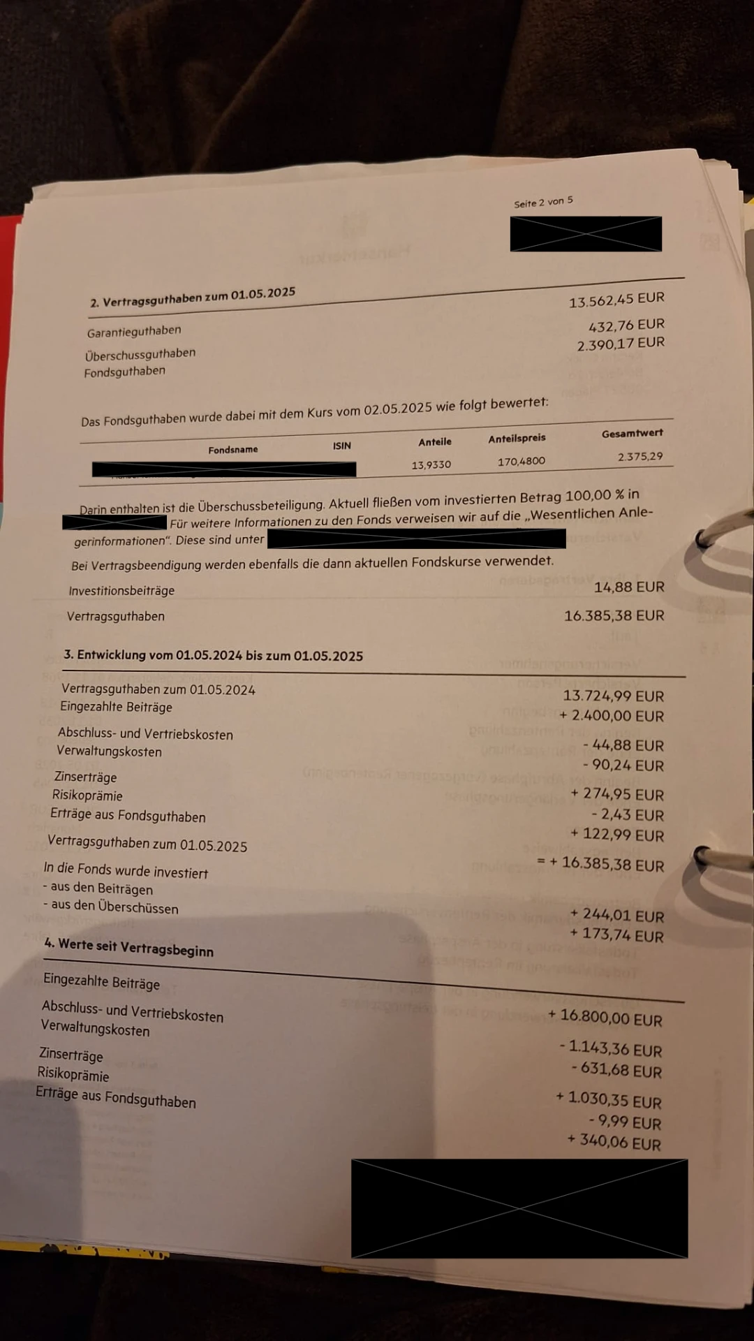 Anonymisierter Vertragsauszug – Standmitteilung Altersvorsorge