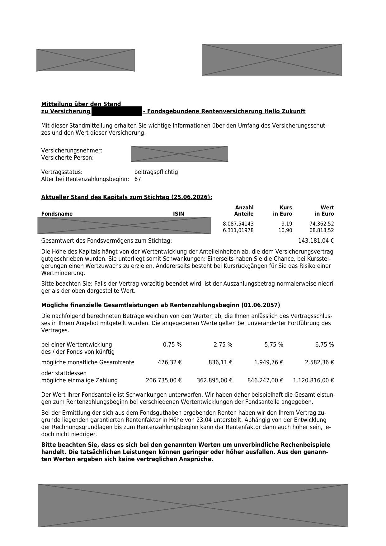 Anonymisierter Vertragsauszug – Standmitteilung Altersvorsorge